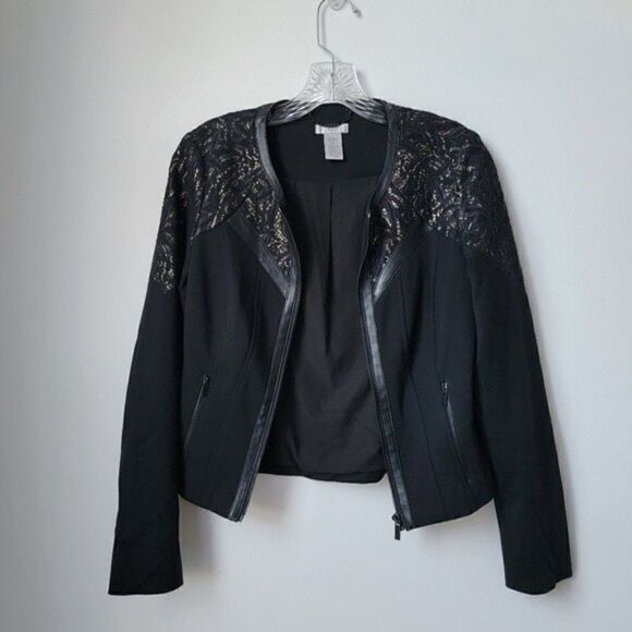 CACHE Black Gold Faux Leather Trim Jacket Blazer Size 2 Embroidered Lace - Picture 9 of 10